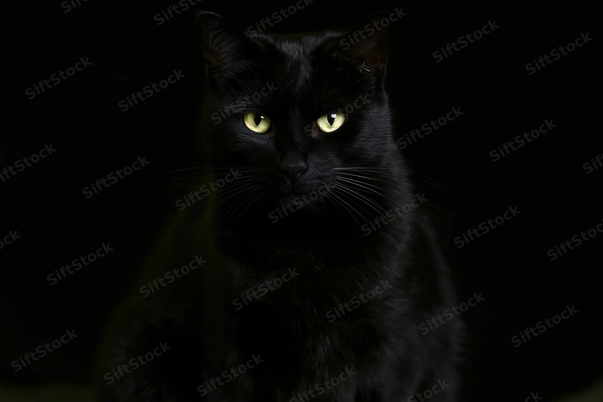 Black cat gazing directly at camera in dark studio portrait