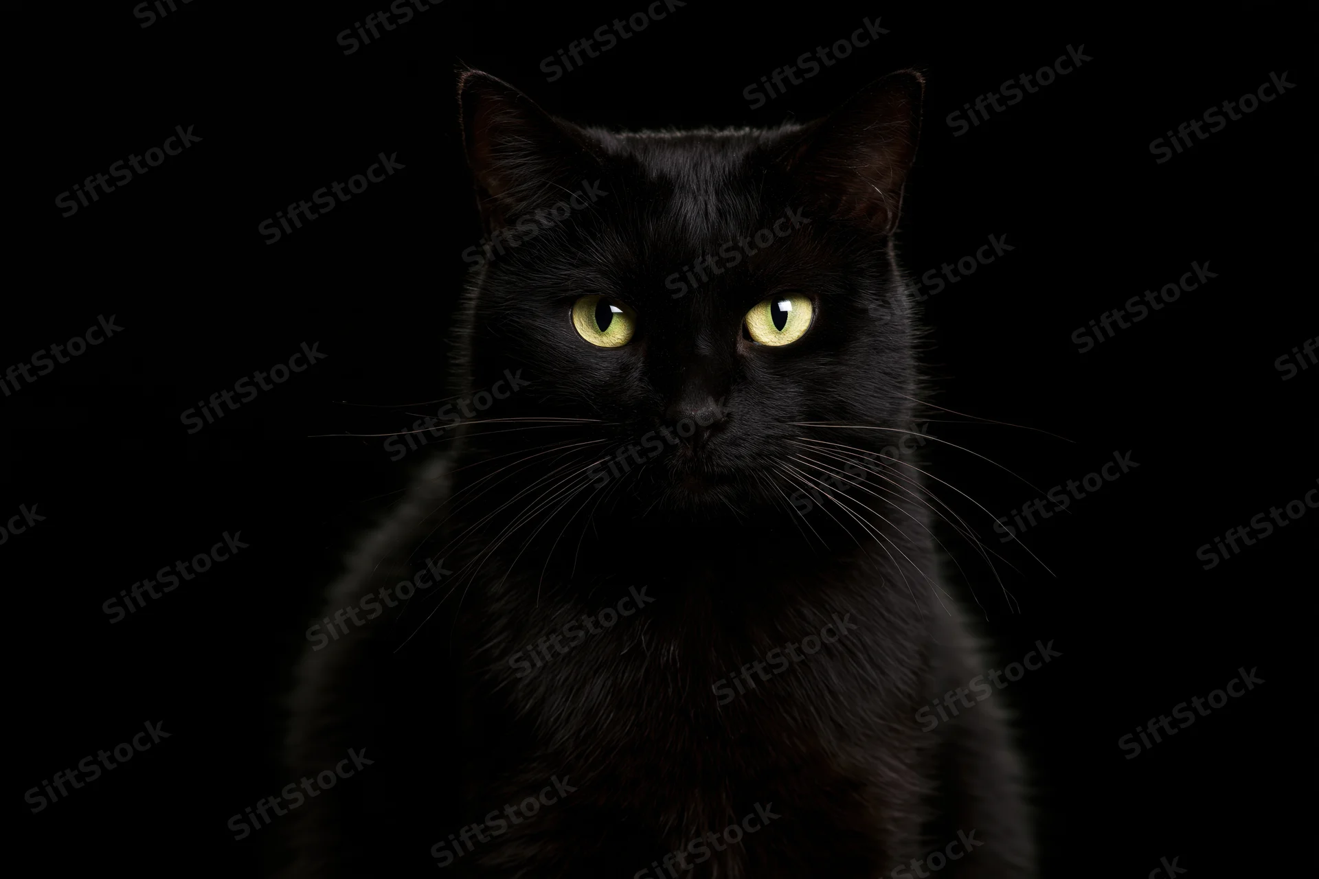 Black cat gazing directly at camera in a dark studio portrait