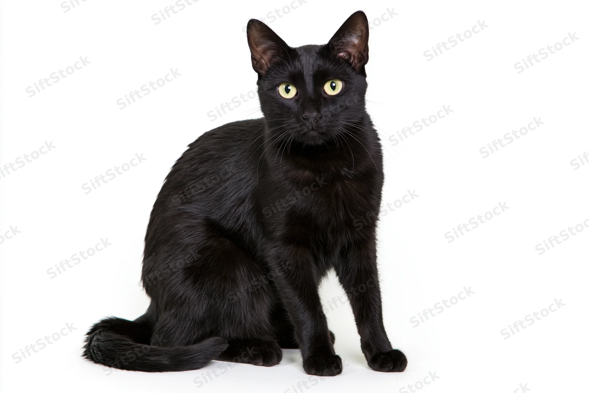 Black cat sitting upright facing camera directly on white background