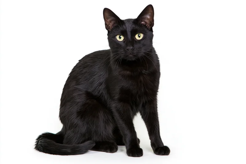 Black cat sitting upright facing camera directly on white background