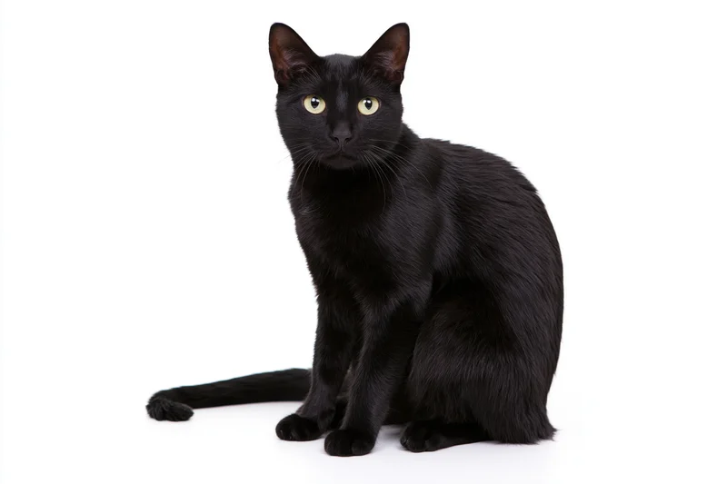 Black cat sitting upright and facing camera directly in studio setting