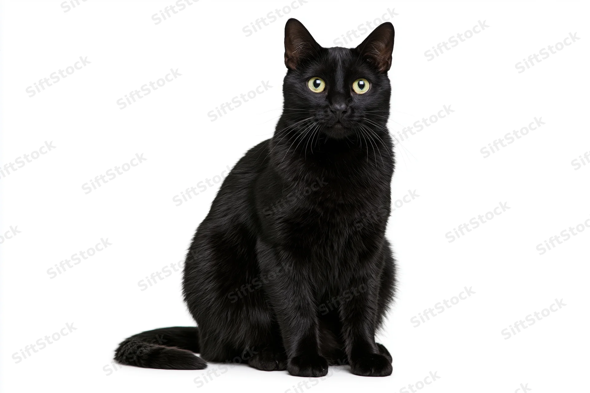 Black cat sitting upright and facing camera directly with alert gaze on white background