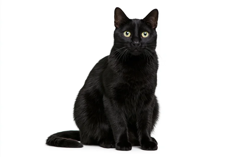 Black cat sitting upright and facing camera directly with alert gaze on white background