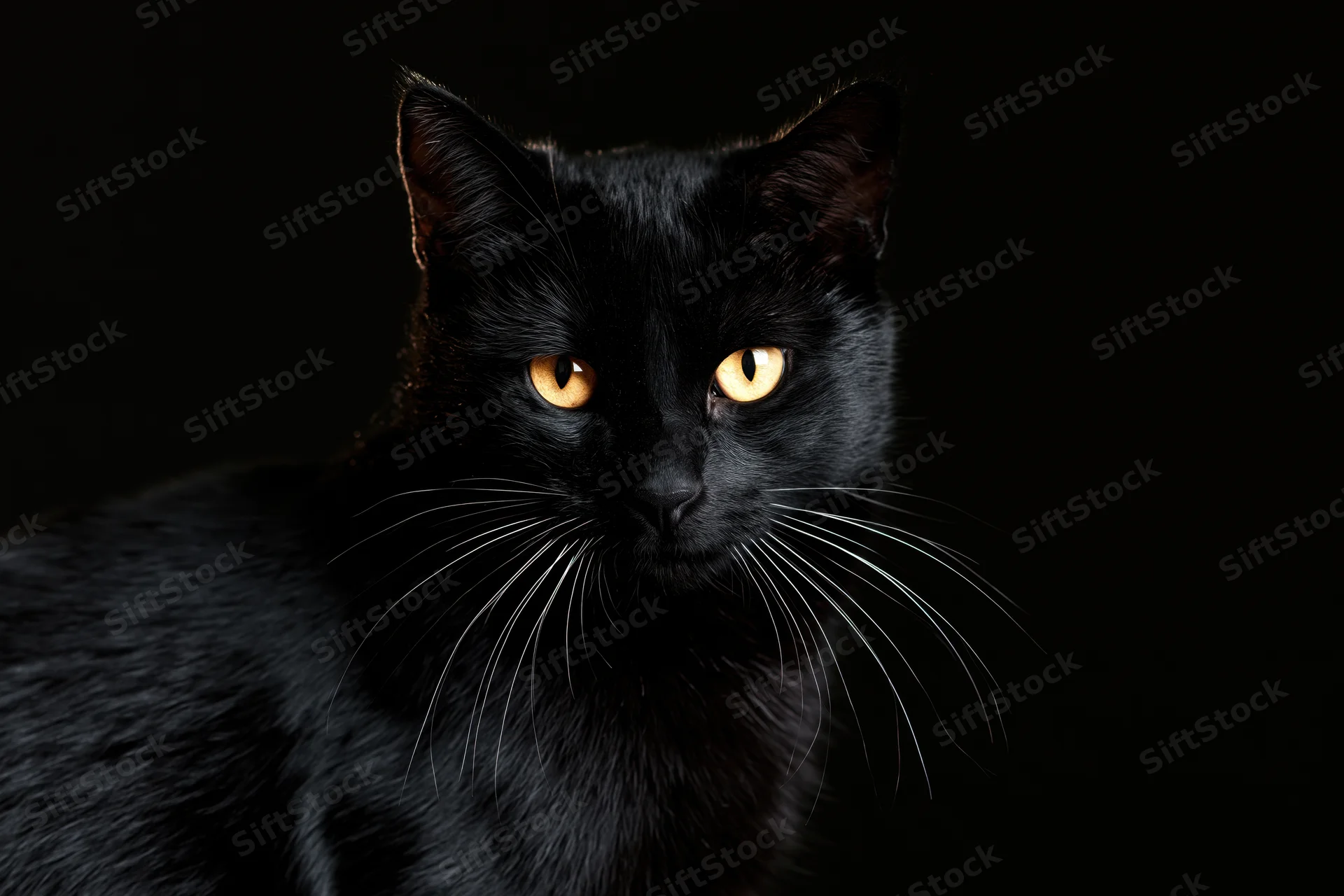 Black cat gazing directly at camera in studio portrait against dark background