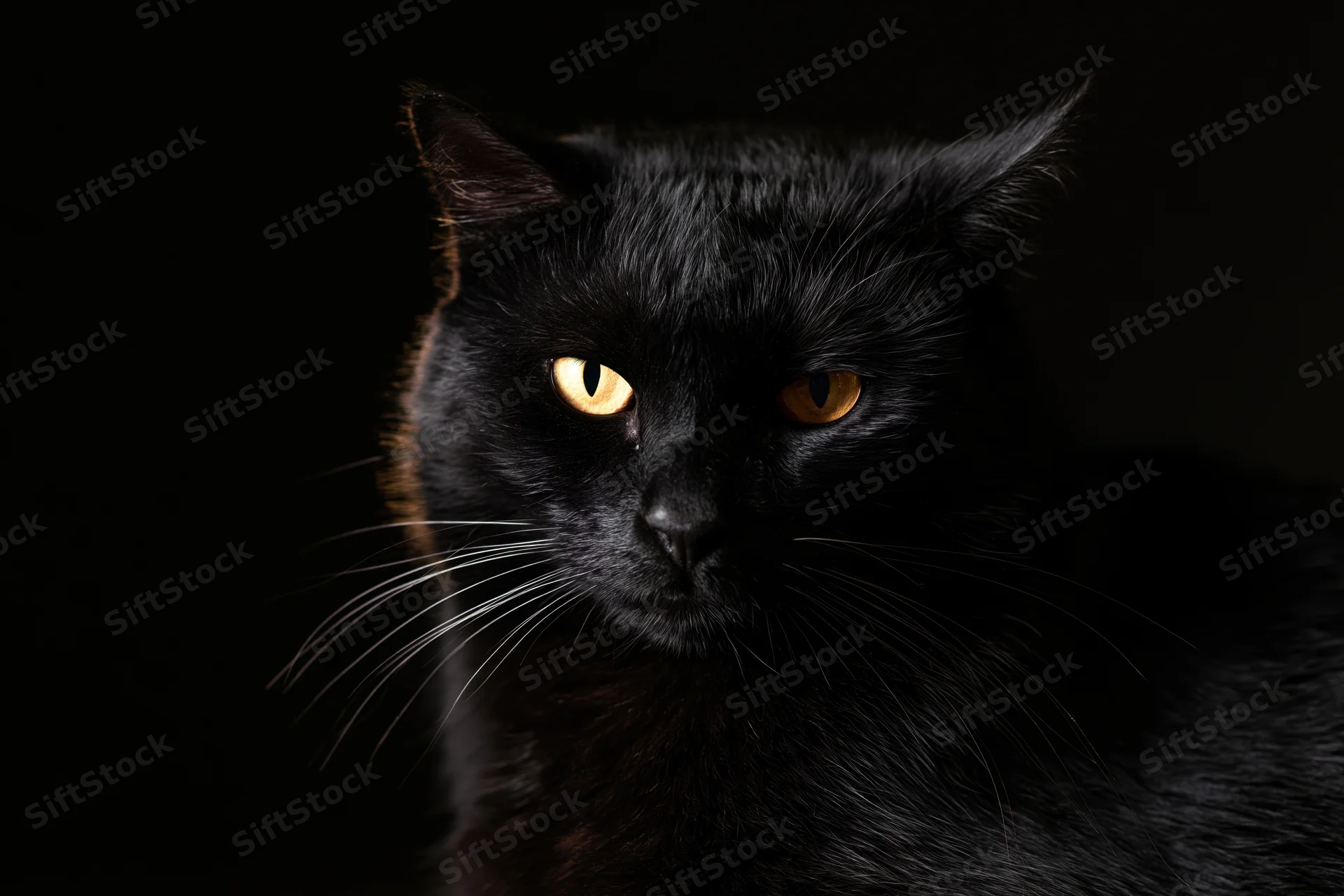 Black cat gazing directly at camera in dark studio setting