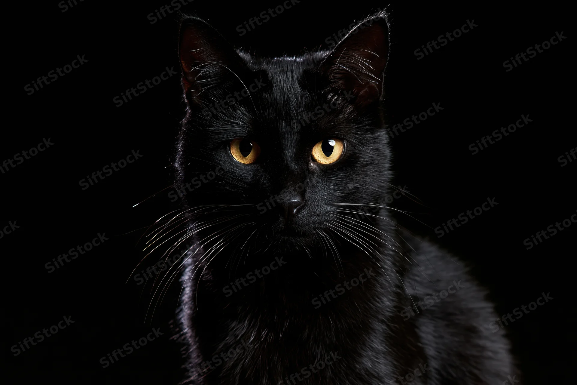 Black cat sitting upright and gazing directly at the camera in a dark studio portrait
