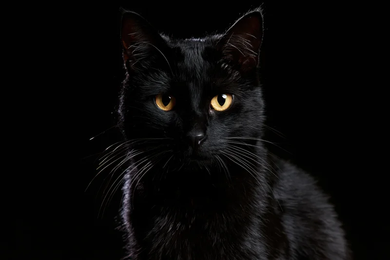 Black cat sitting upright and gazing directly at the camera in a dark studio portrait