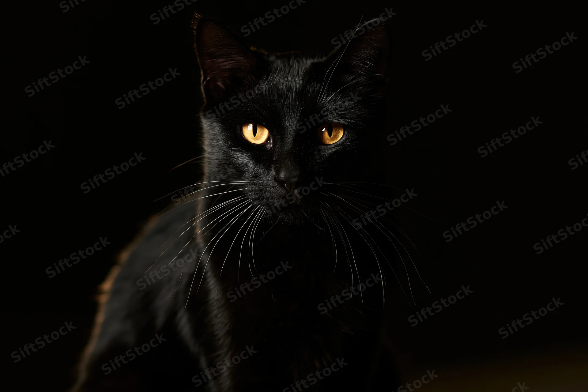 Black cat sitting upright and gazing directly at the camera in a dark studio setting