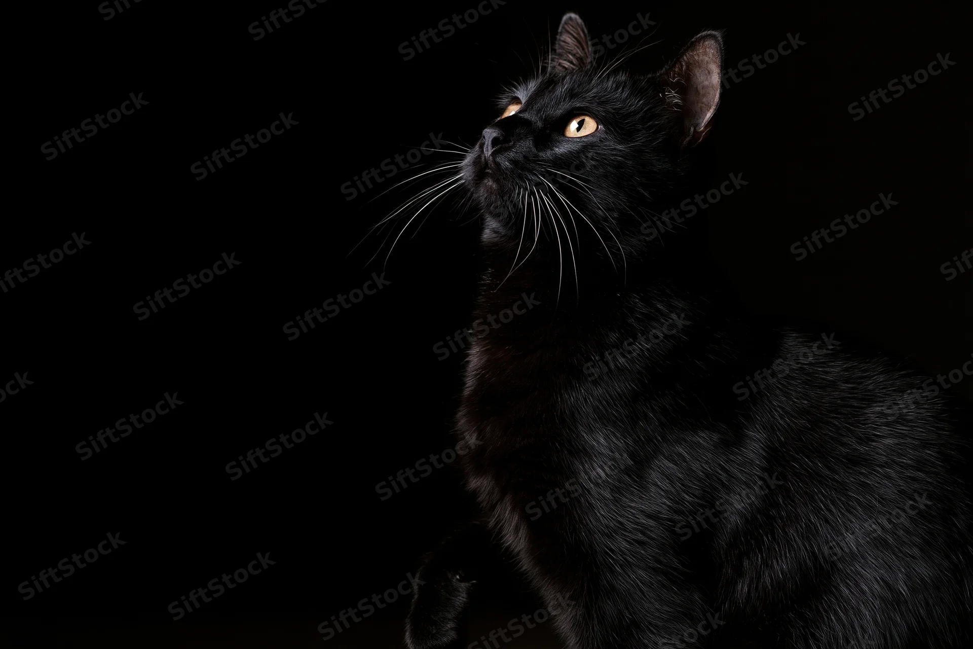 Black cat sitting upright and gazing upward against dark background