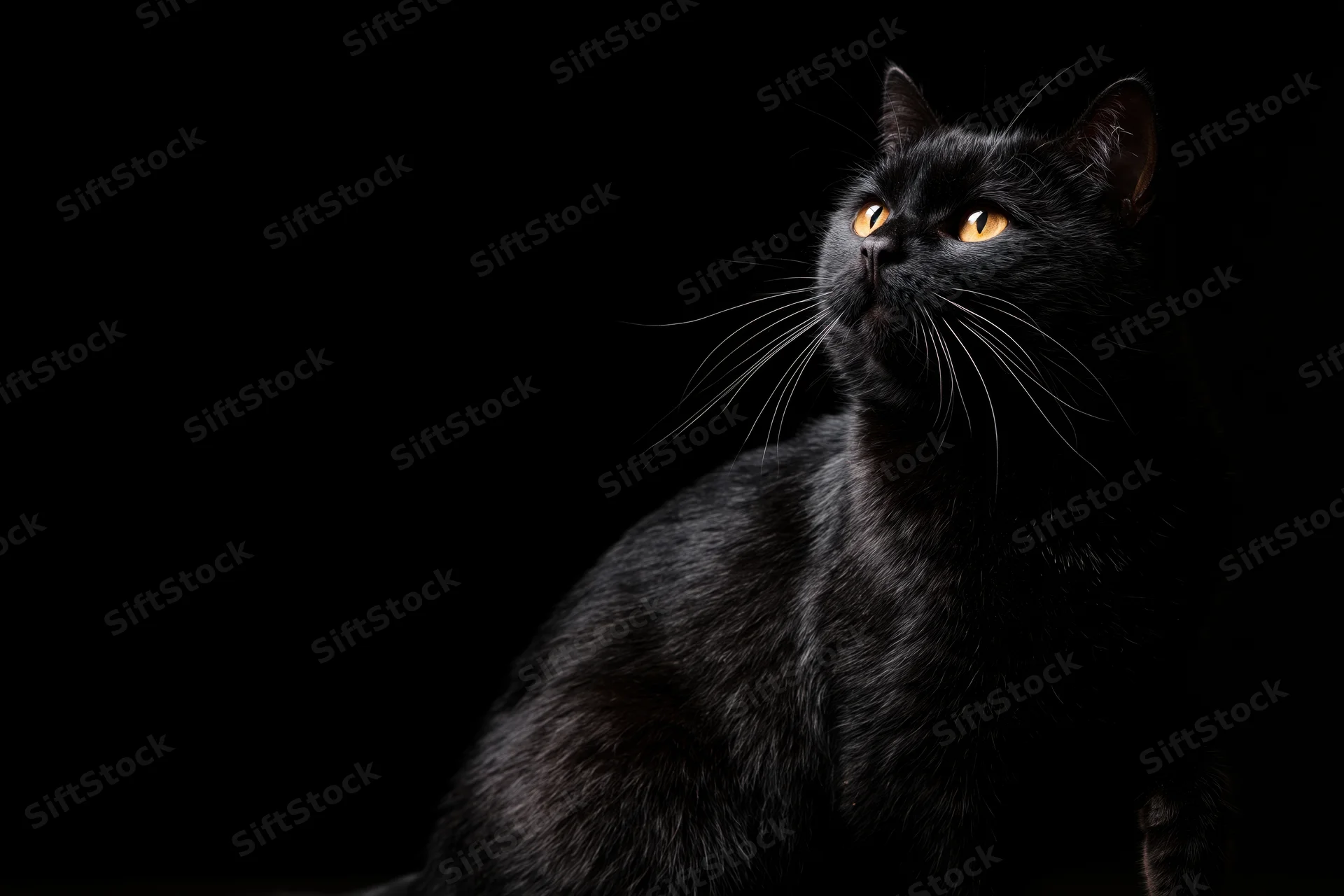 Black cat sitting upright and gazing upward against dark background