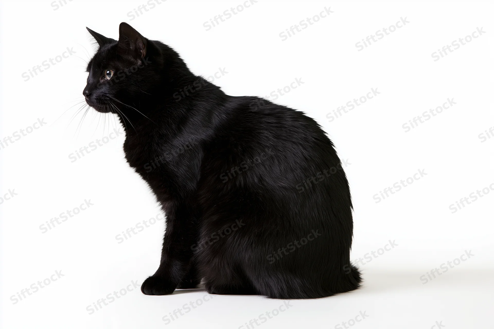 Black cat sitting upright and turning its head slightly to the side on white background