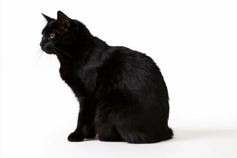 Black cat sitting upright and turning its head slightly to the side on white background