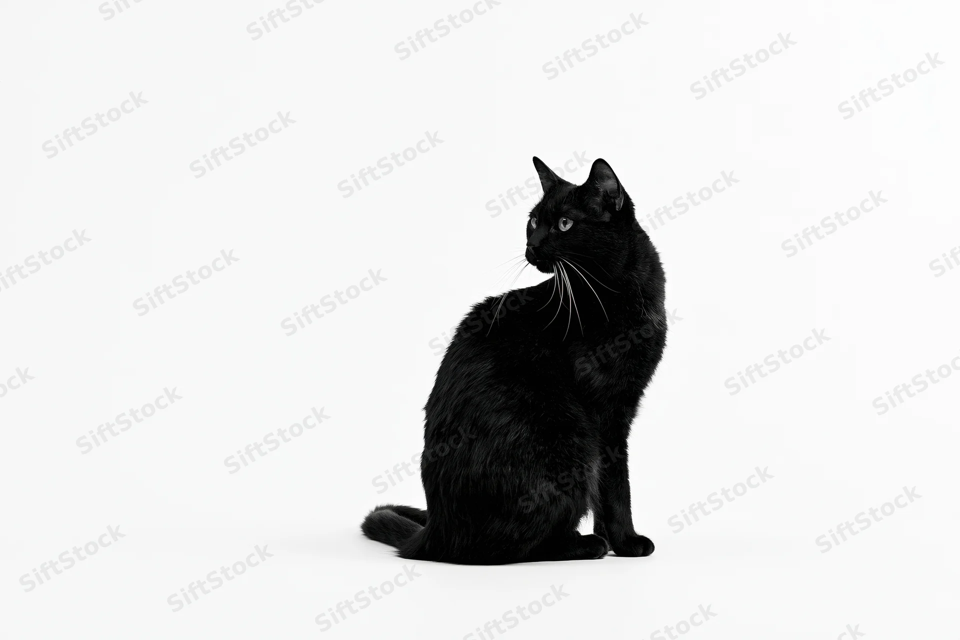 Black cat sitting upright and turning its head slightly to the side on white background