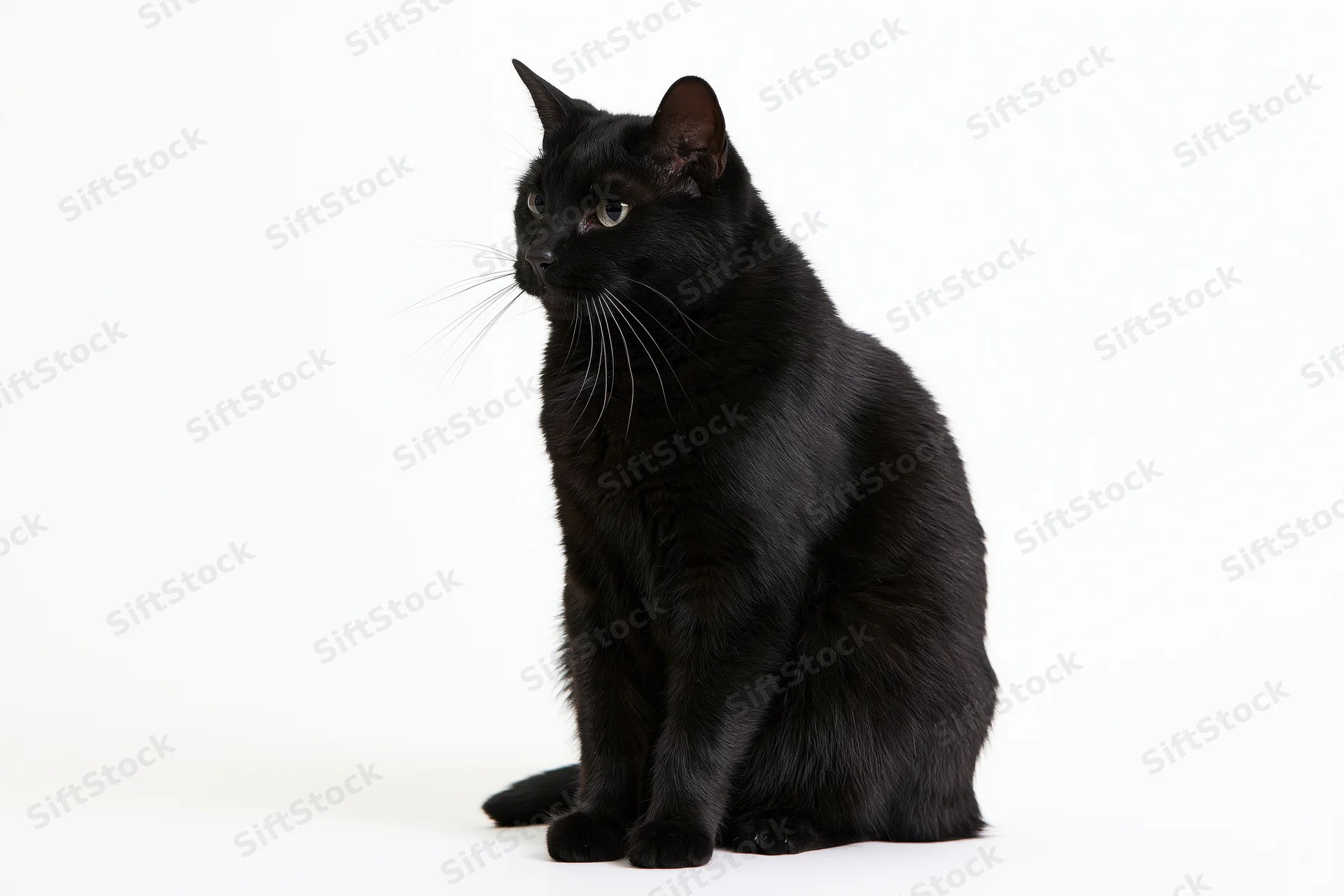 Black cat sitting upright and turning head slightly to side on white background