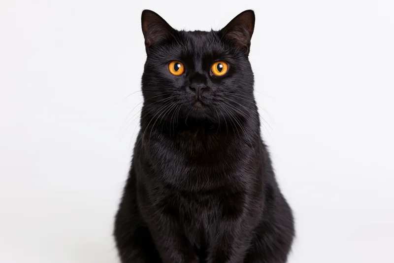 Black cat sitting upright facing camera directly in studio portrait