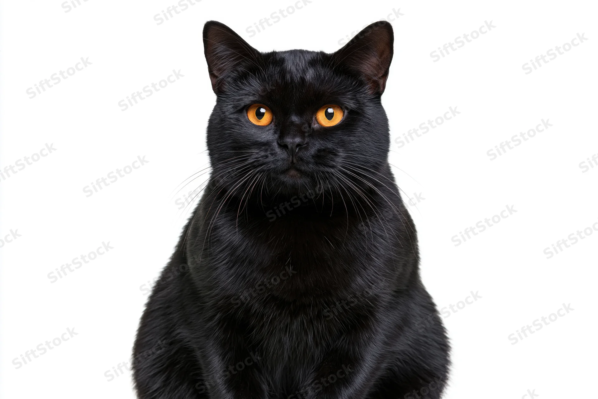 Black cat sitting upright facing camera directly in studio portrait