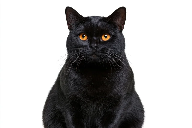 Black cat sitting upright facing camera directly in studio portrait