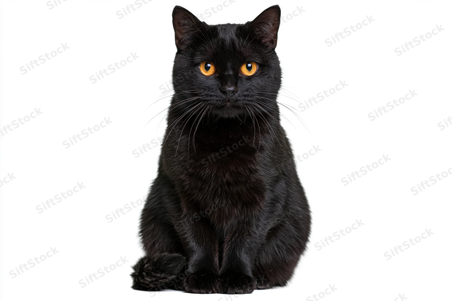 Black cat sitting upright facing camera directly in studio portrait