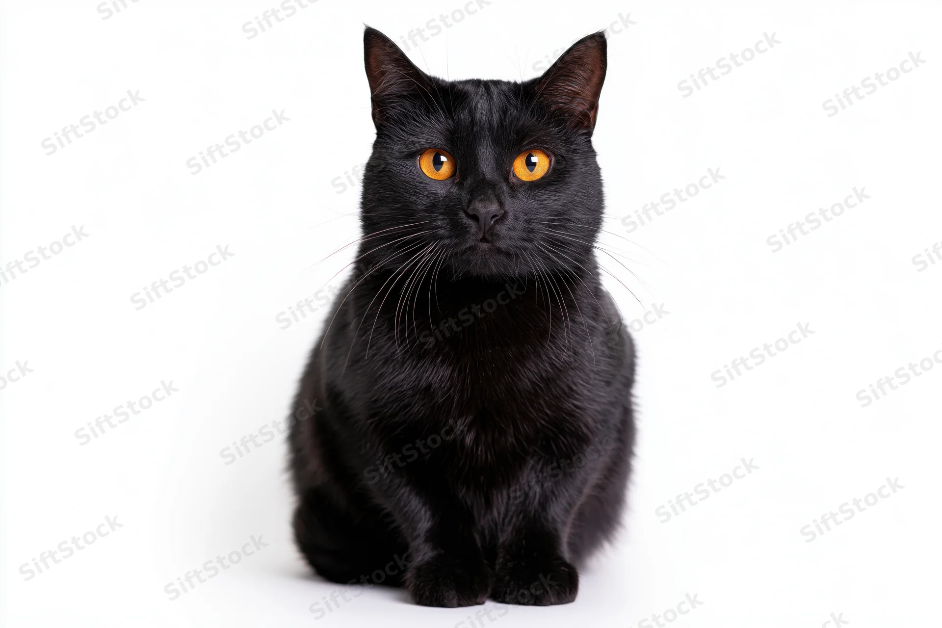 Black cat sitting upright facing camera directly in studio portrait on white background