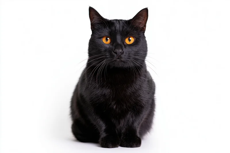 Black cat sitting upright facing camera directly in studio portrait on white background