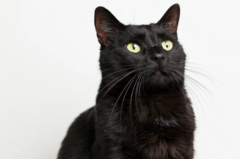 Black cat sitting upright looking upward in studio portrait