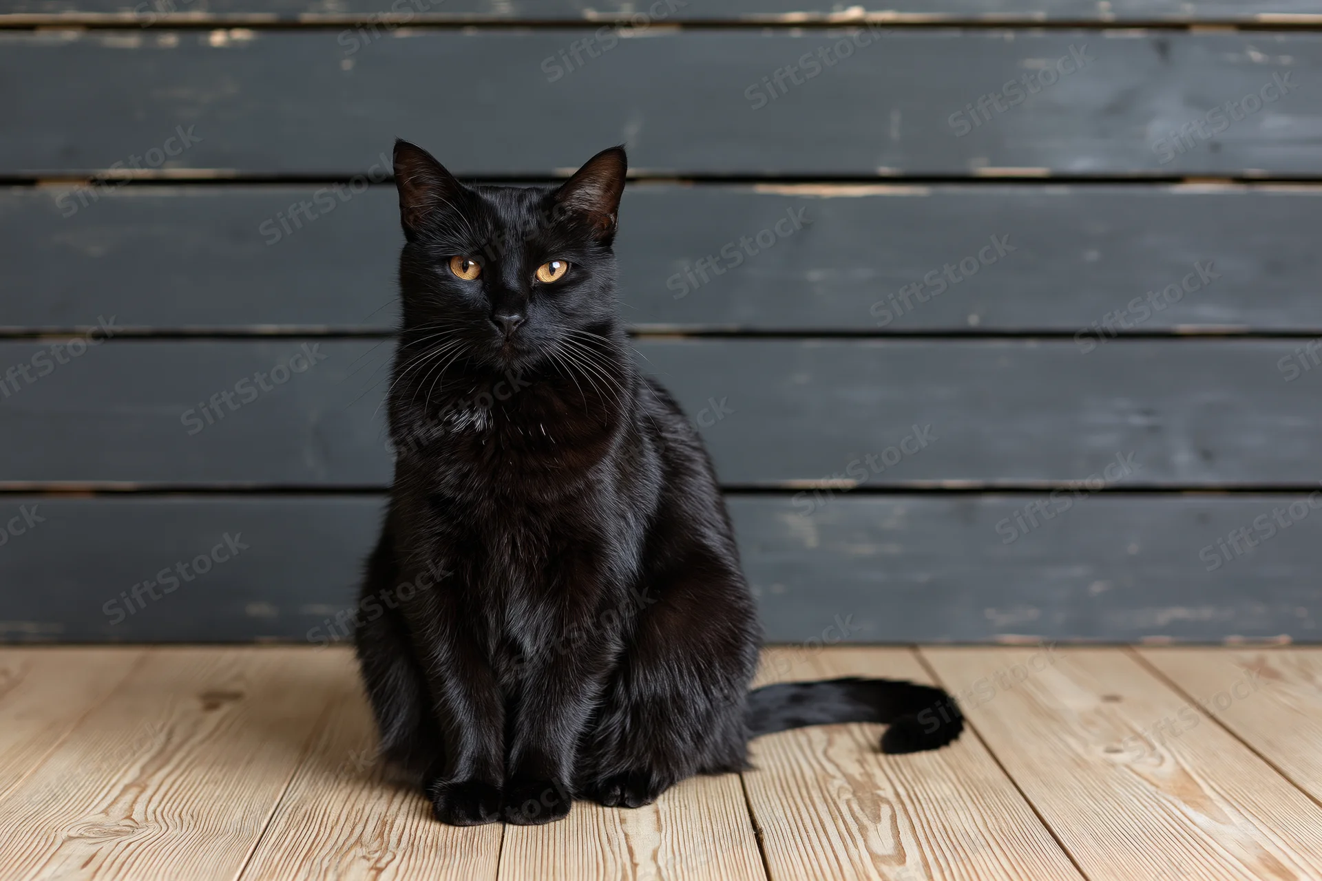 Black cat sitting upright on wooden floor facing camera