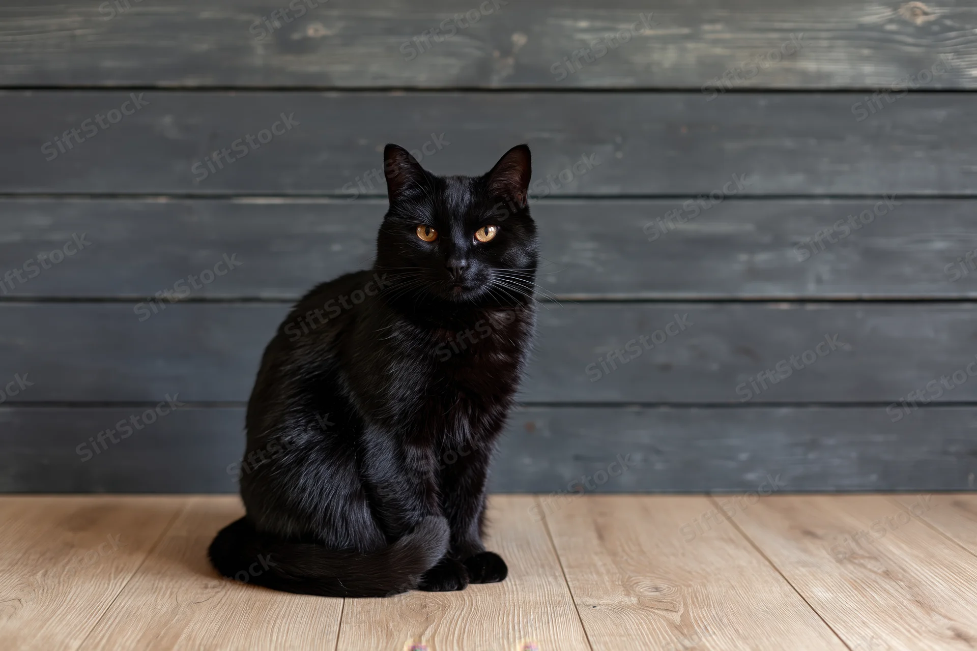 Black cat sitting upright on wooden floor facing camera in indoor setting