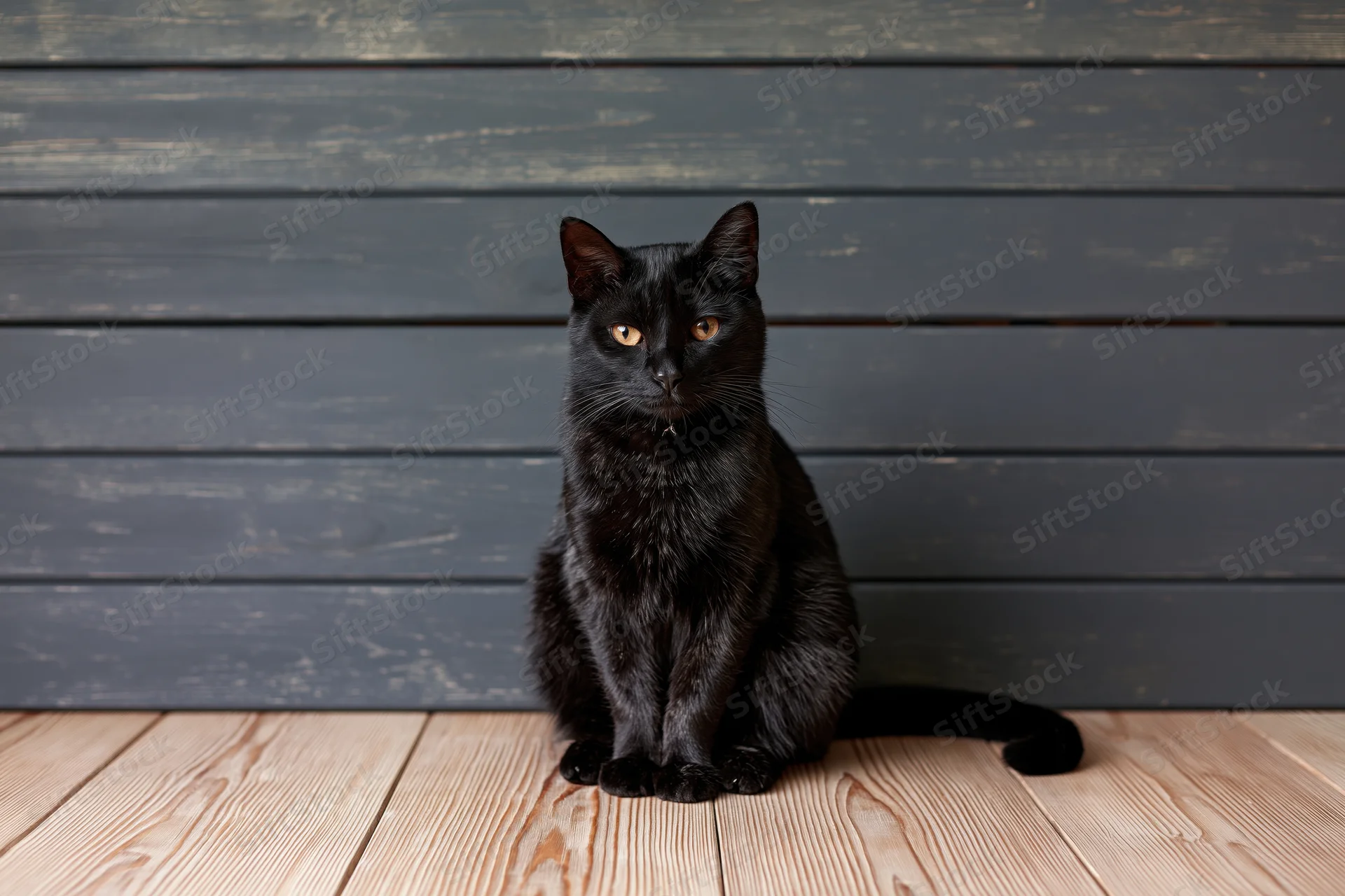 Black cat sitting upright on wooden floor facing camera in indoor setting