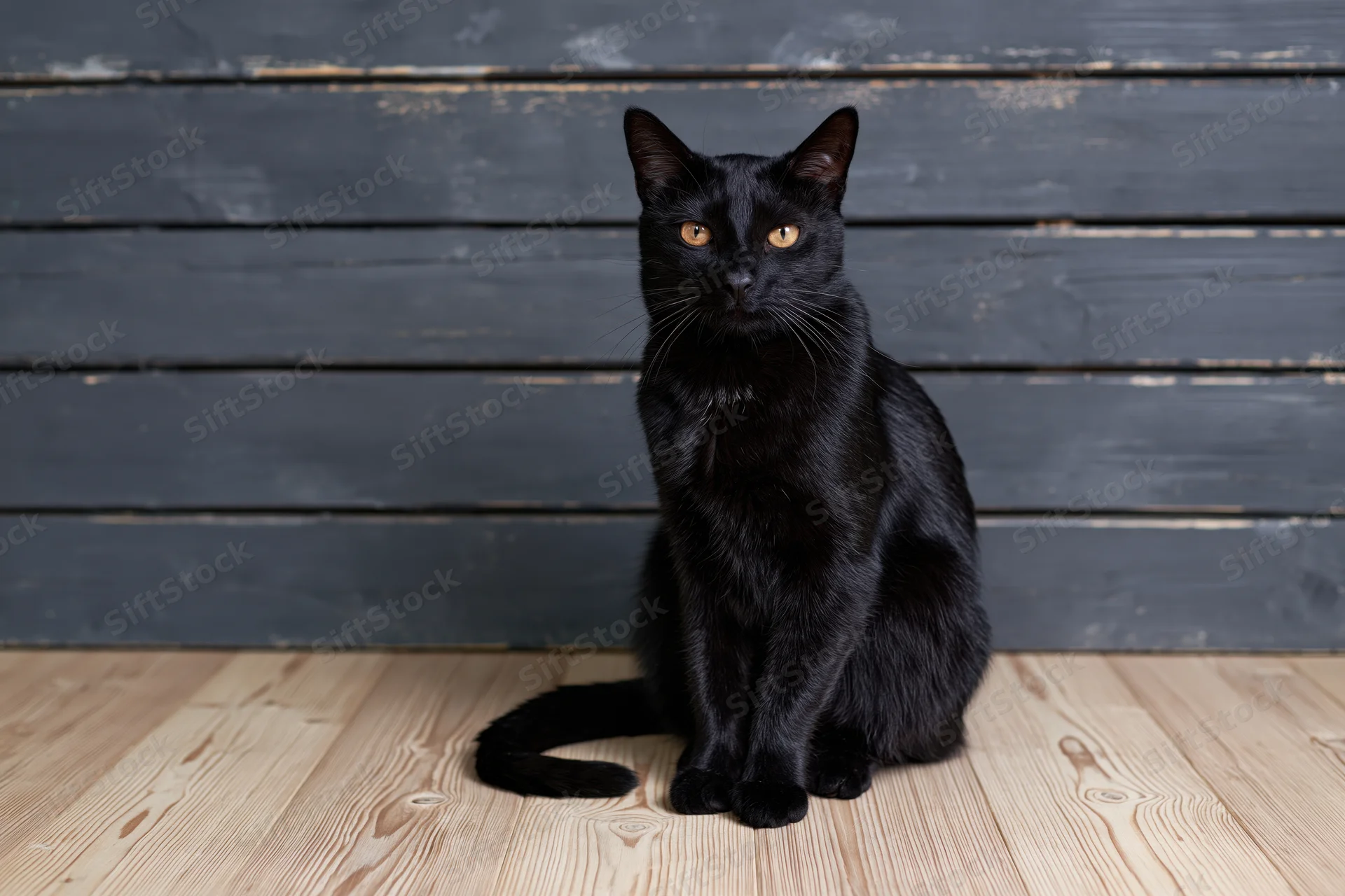 Black cat sitting upright on wooden floor facing camera in indoor setting
