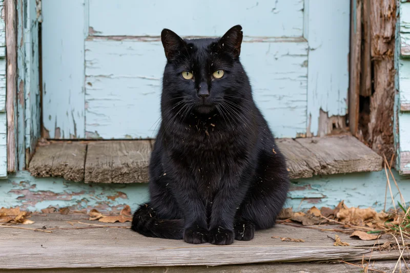 Black cat sitting upright on a weathered wooden doorstep facing camera