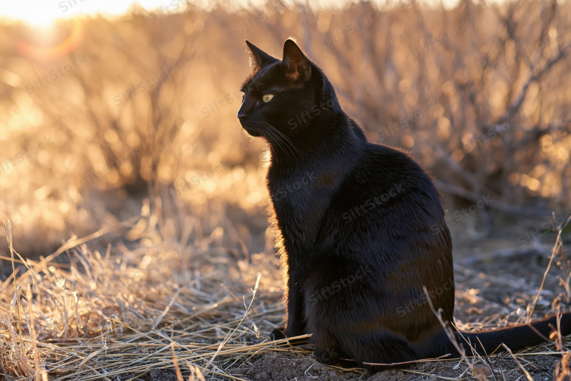 Black cat sitting upright on dry grass outdoors in golden sunlight