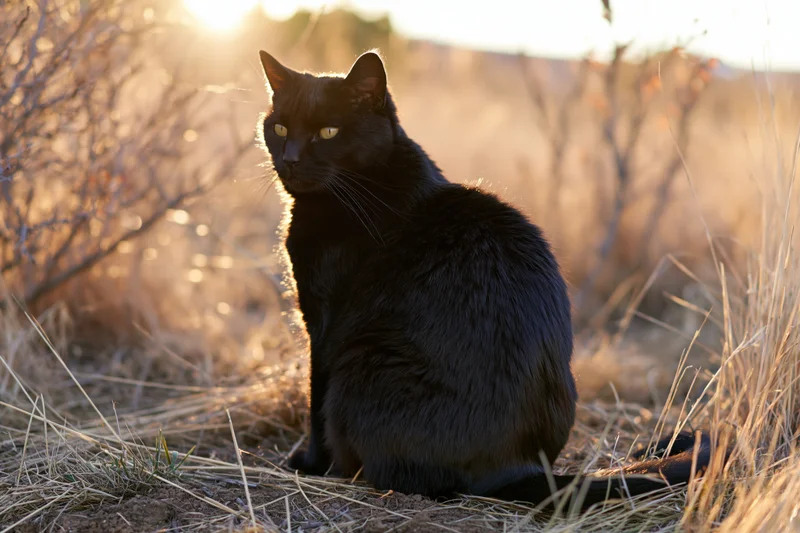 Black cat sitting upright on dry grass outdoors in golden hour light