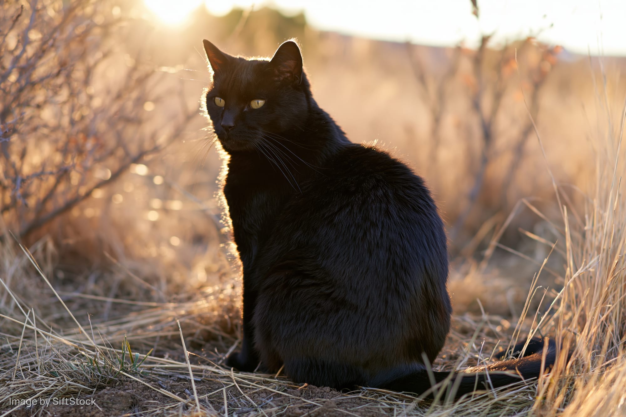 Black cat sitting upright on dry grass outdoors in golden hour light