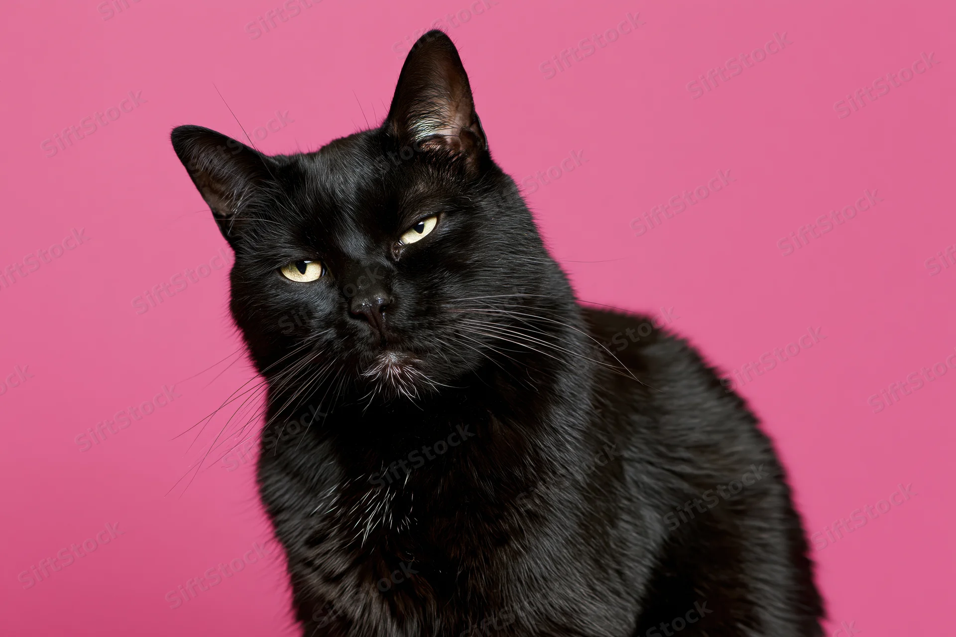 Black cat sitting upright with grumpy squinting expression against pink background