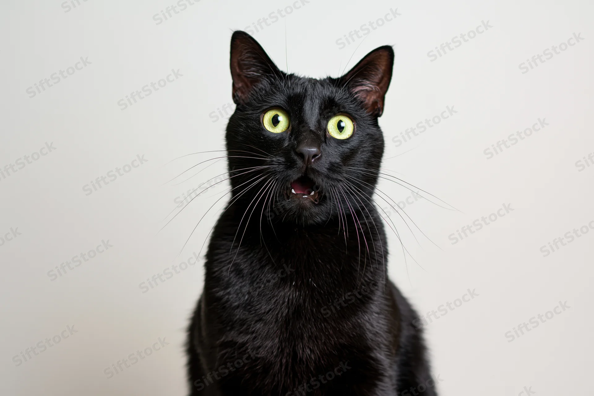 Black cat sitting upright with mouth slightly open and wide eyes against white background