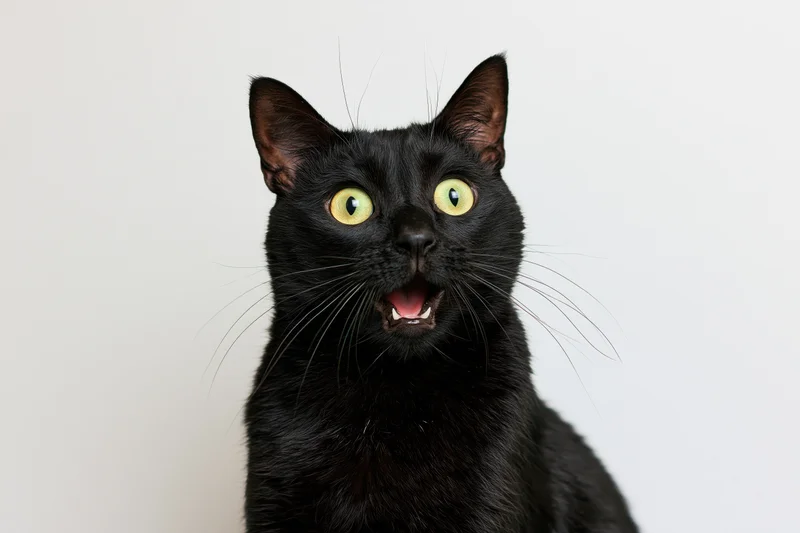 Black cat sitting upright with mouth open and wide eyes against white background