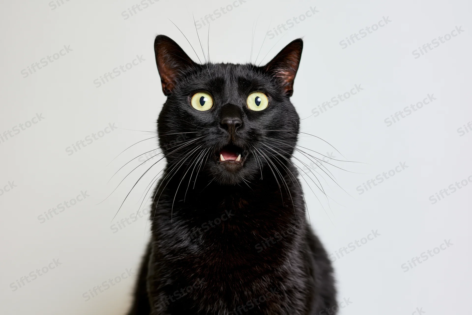 Black cat sitting upright with mouth open and wide eyes against white background