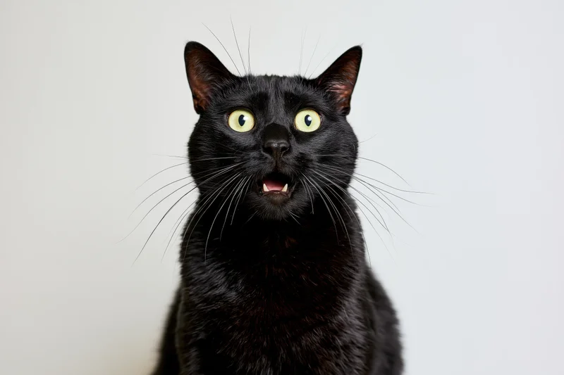 Black cat sitting upright with mouth open and wide eyes against white background