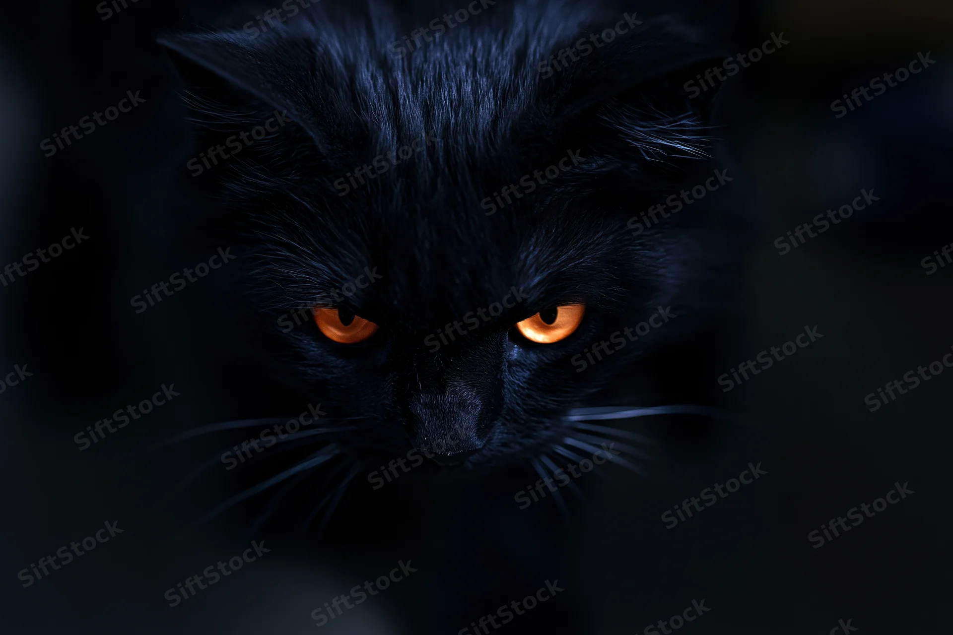 Black cat with intense orange eyes stalking slowly toward camera head lowered in dark setting