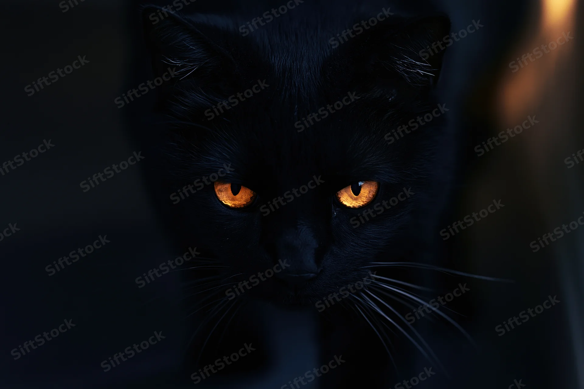 Black cat with intense orange eyes stalking slowly toward camera head lowered in dim light