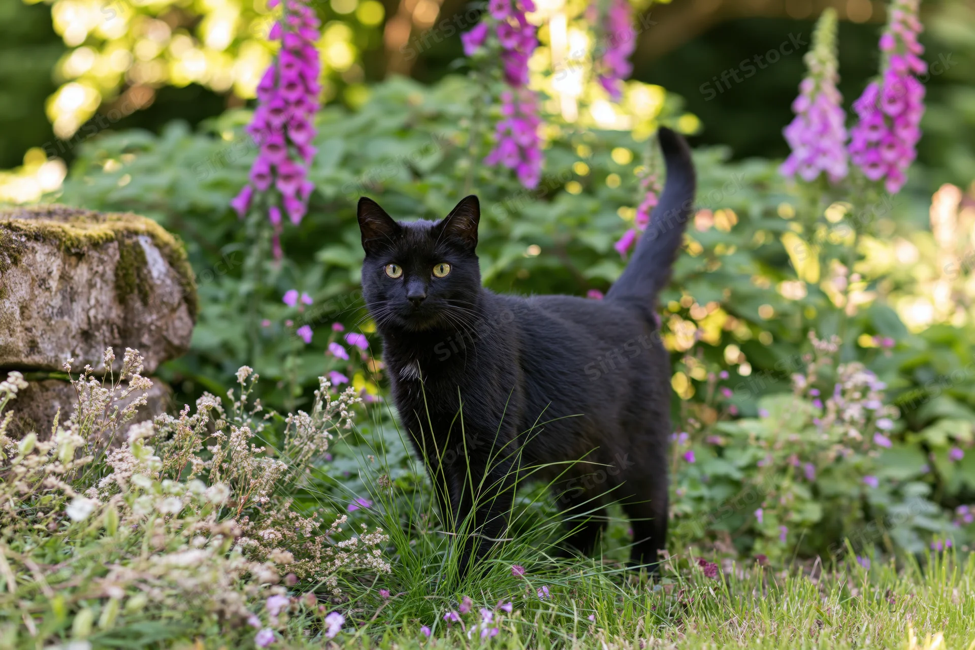 Black cat standing alert in a lush garden border among foxglove flowers and green foliage