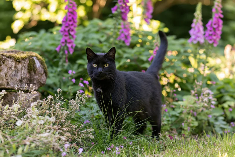 Black cat standing alert in a lush garden border among foxglove flowers and green foliage