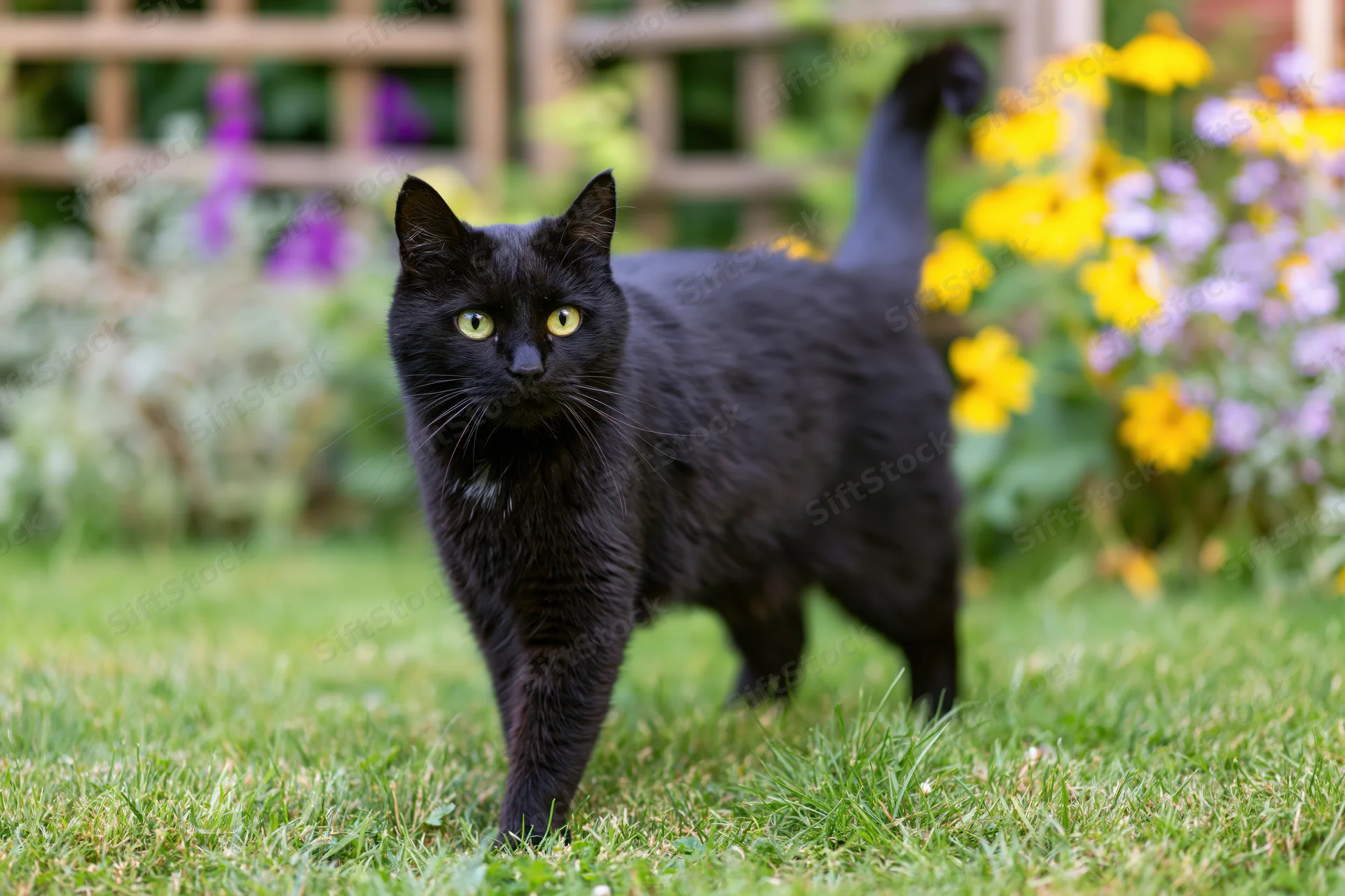 Black cat standing alert on a garden lawn staring directly at the camera
