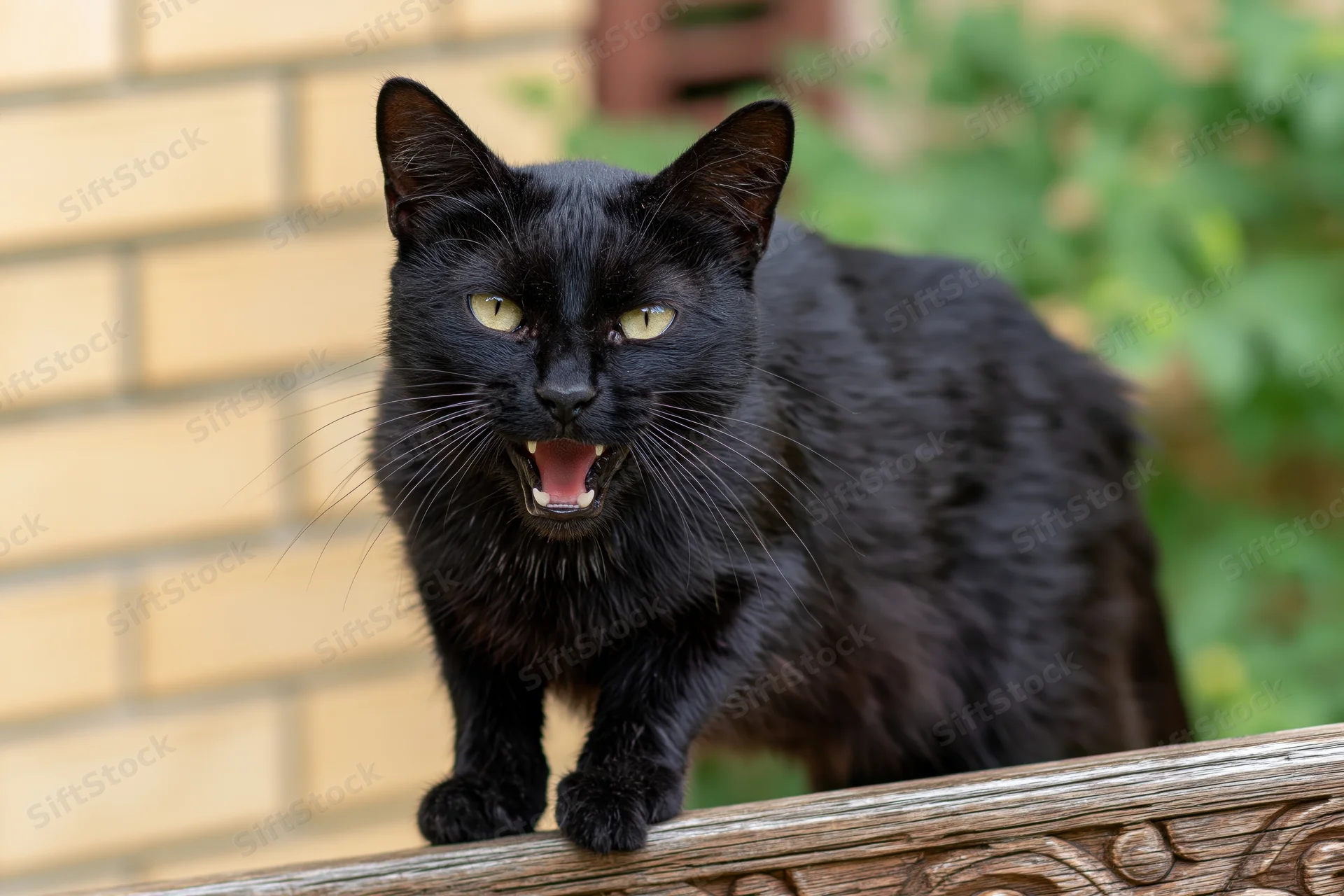 Black cat hissing with mouth open standing on carved wooden railing outdoors