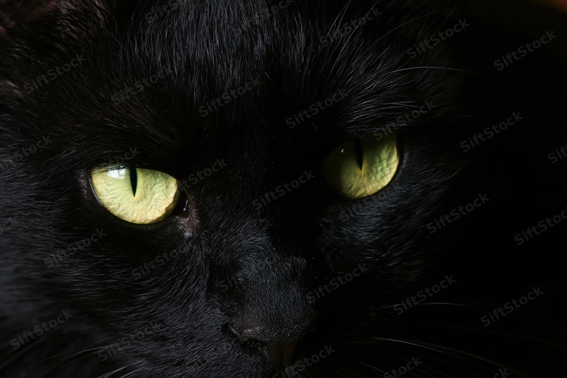 Black cat with green eyes staring directly at camera in closeup portrait