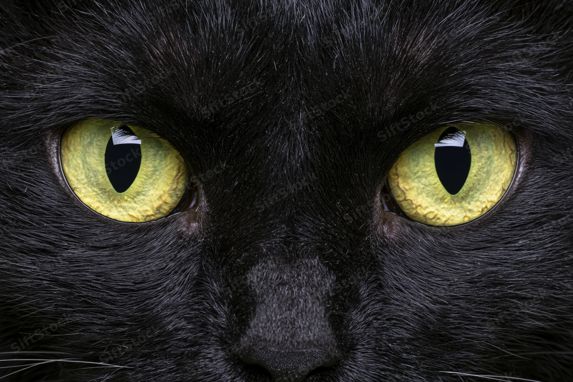 Black cat staring directly into camera in extreme closeup on face