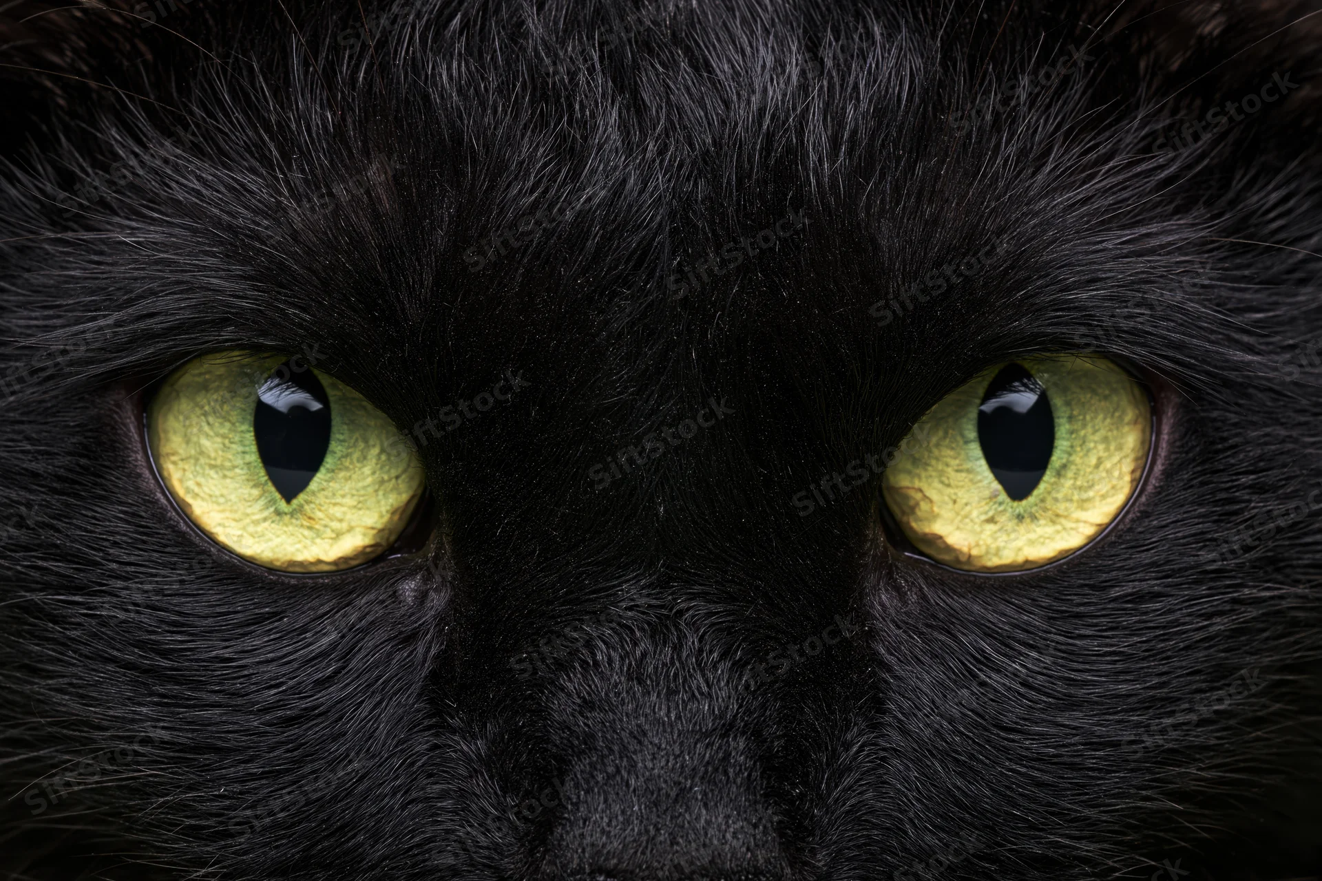 Extreme close-up of a black cat's face staring directly into the camera with green eyes