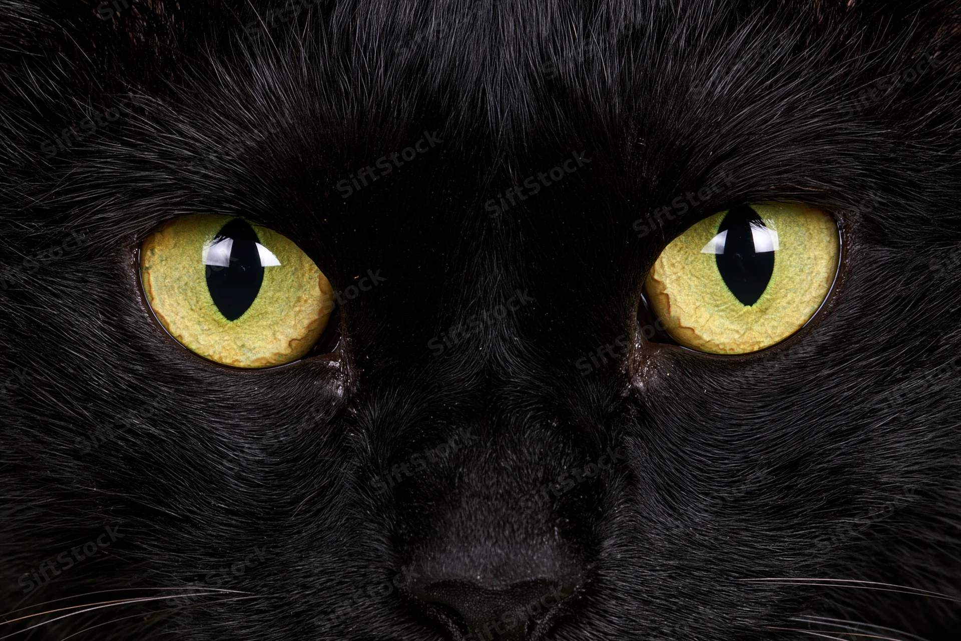 Black cat staring directly into camera in extreme close-up on face