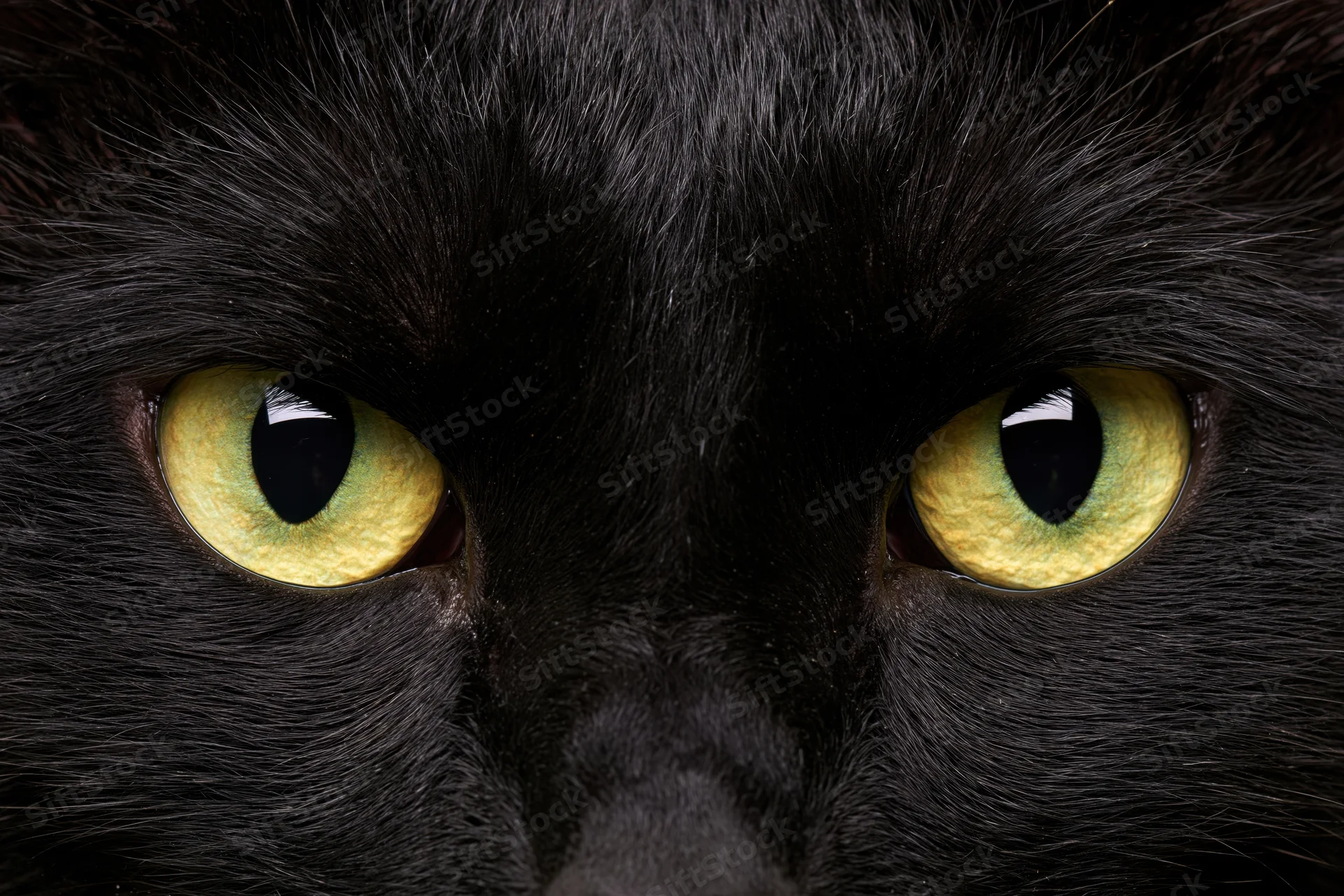 Black cat staring directly into camera in extreme close-up on face