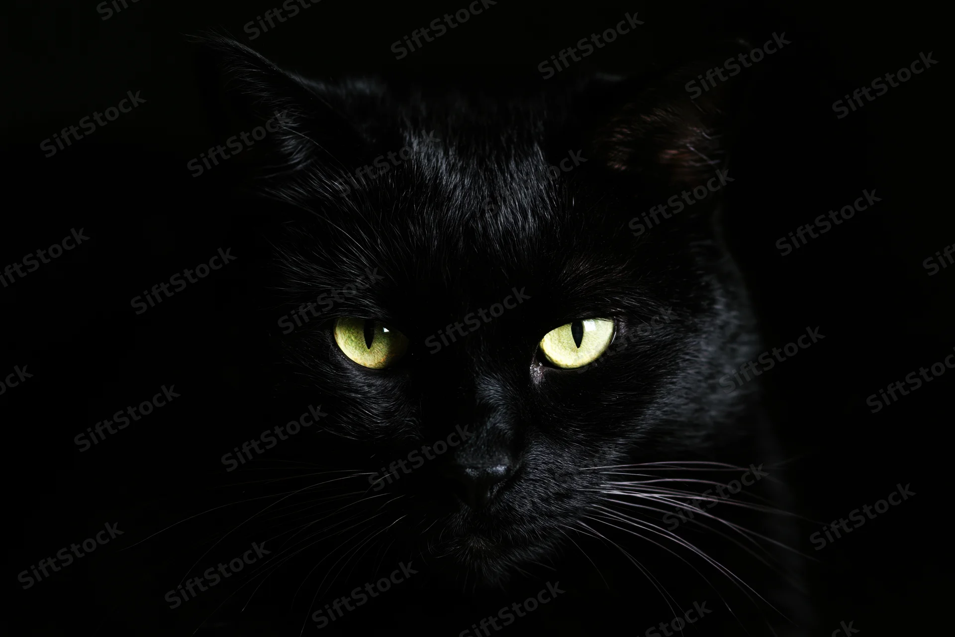 Black cat staring directly into camera with glowing yellow eyes in dark setting